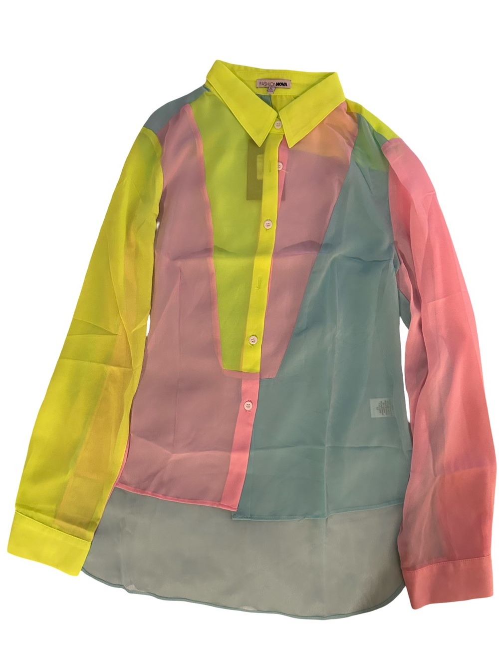 BRAND NEW! Fashion Nova Sheer Neon Colorblock Button-Up Blouse Yellow Pink Aqua